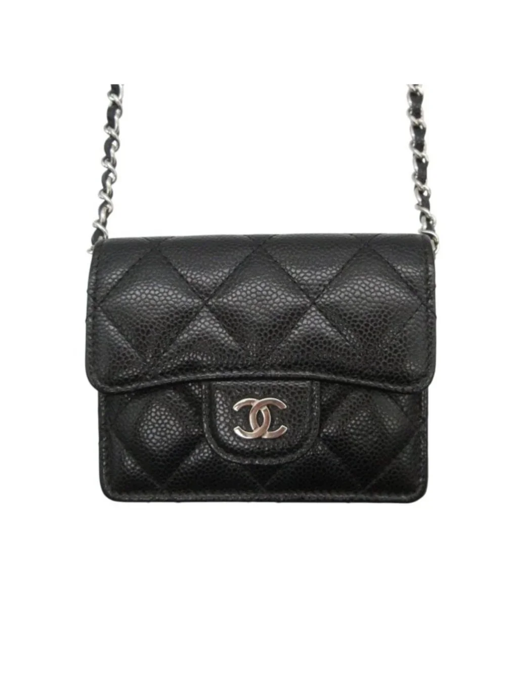Chanel Shoulder Bag Chain Wallet Pouch Mini Quilted Caviar Leather Black
